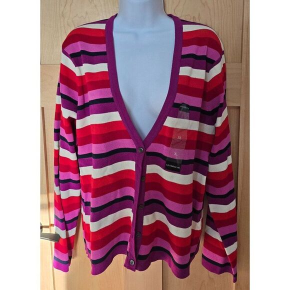 Liz Claiborne Womens XL Striped V-Neck Cardigan Button Front Multi-Color Design - Picture 2 of 8